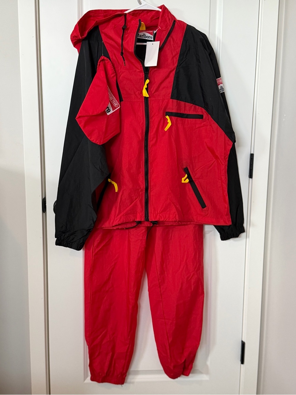 Marlboro Red and Black Two-Piece Track Suit with Yellow Accents Size L